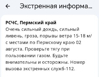 Экстренное предупреждение о сильных ливнях и шторме в Пермском крае 2 августа